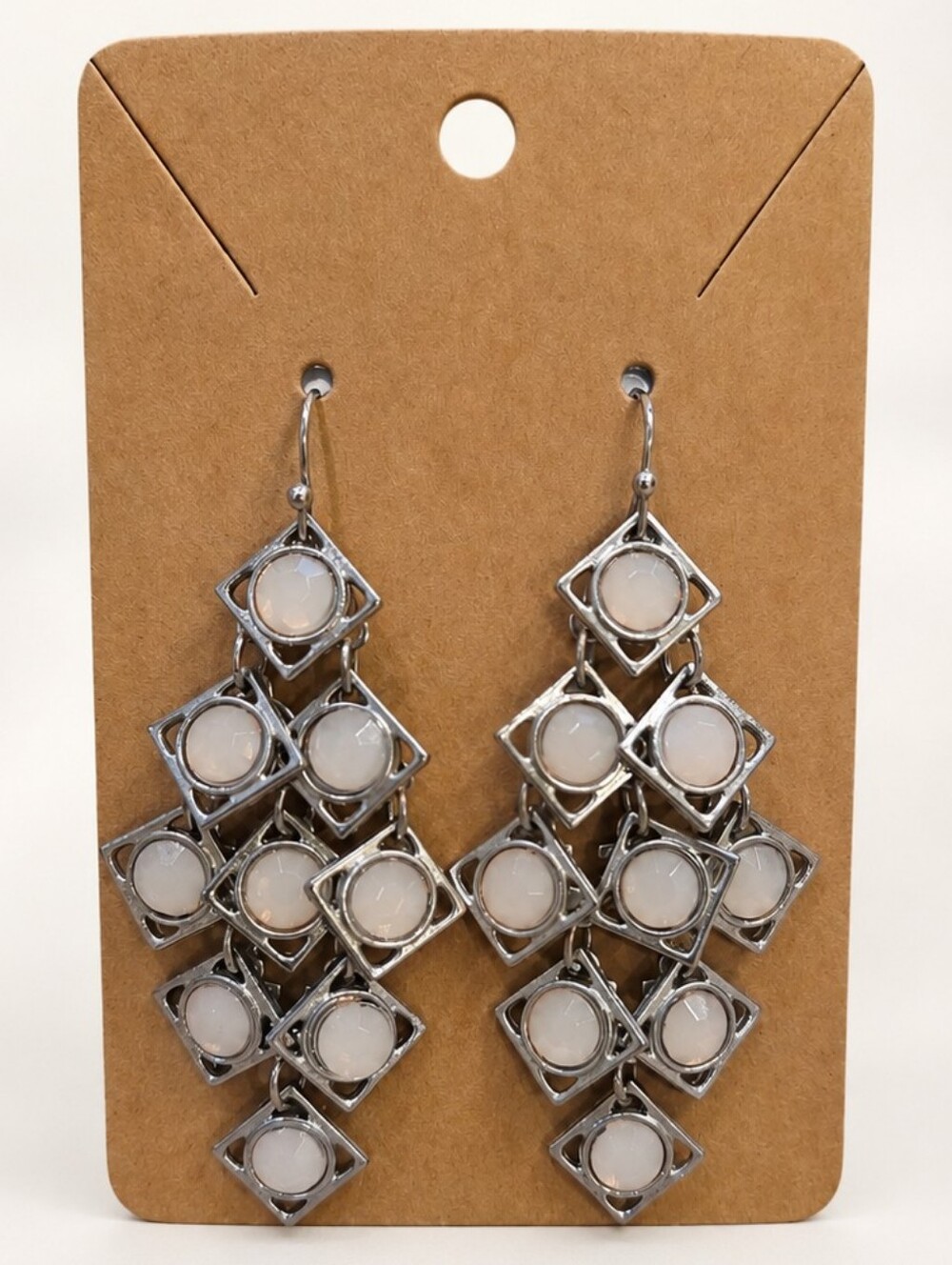 Silver Tone Geometric Chandelier Statement Earrings Blush Pink Stones